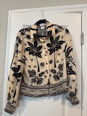 CAbi Black and Cream Button-Down Palm Print Shirt